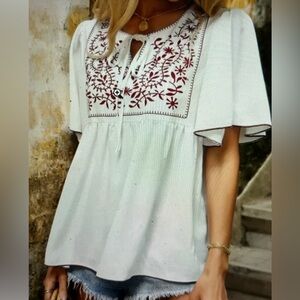 Boho White and Red Floral Print Butterfly Sleeve Blouse